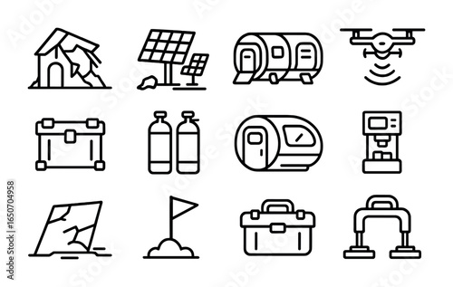 Abandoned Colony Icons. Outline icon set of abandoned colony excavation: collapsed shelters, solar debris,