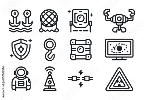 Black Hole Artifact Icons. Outline icon set of black hole artifact recovery: gravitational anchors, artifact