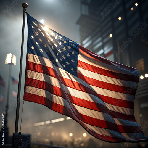 American Flag Fluttering in the Wind: The Stars and Stripes billows proudly against the backdrop of a bustling city, an emblem of freedom and patriotism, resonating with national pride.