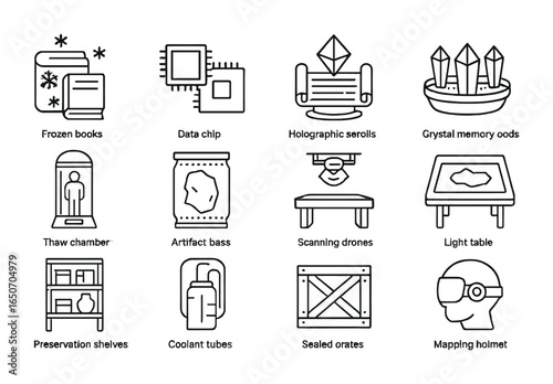 Cryogenic Archive Icons. Outline icon set of cryogenic archive recovery: frozen books, data chips, holographic