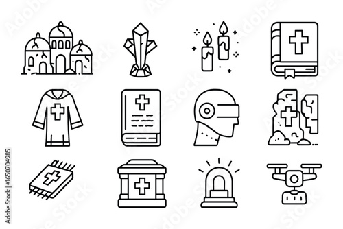 Space Monastery Icons. Outline icon set of space monastery ruins: carved domes, crystal crosses, floating