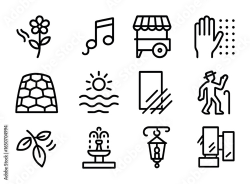 Sensory Urban Icons. Outline icon set of sensory urban walks: flower scents, street music notes, food stalls,