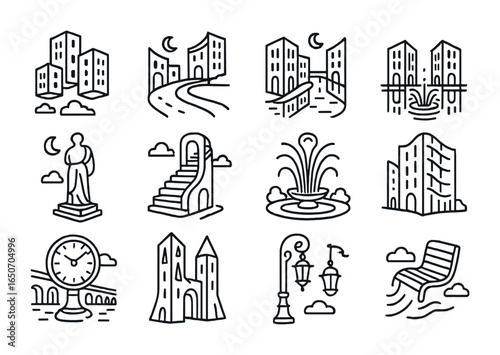 Surreal Cityscape Icons. Outline icon set of dreamlike cityscapes: floating buildings, curved streets, surreal