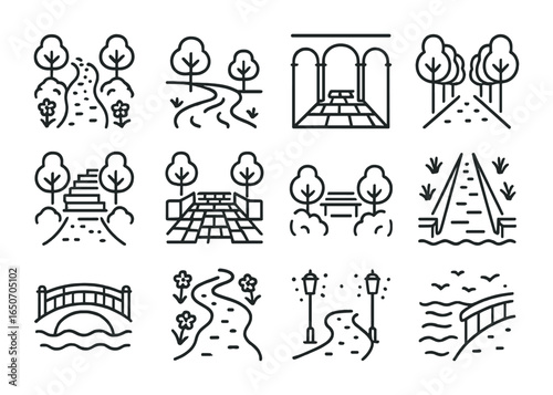 Meditative City Paths Icons. Outline icon set of meditative city paths: garden lanes, riverside walks, shaded