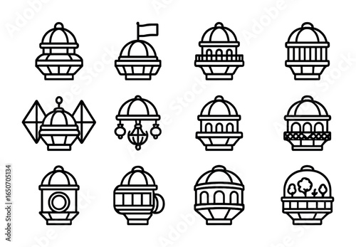 Colonial Revival Icons. Outline icon set of colonial revival space stations: cupola domes, flagpoles, veranda