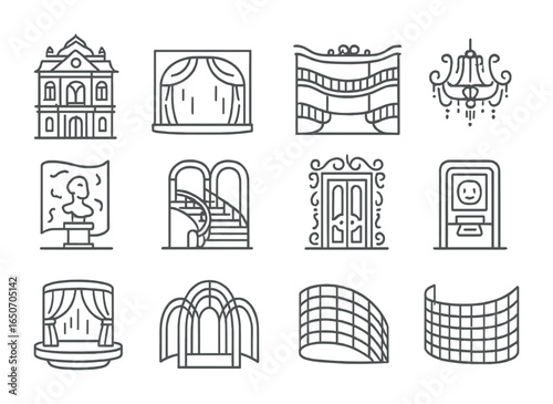 Cyber-Baroque Theater Icons. Outline icon set of cyber-baroque theaters: ornate facades, holographic curtains,