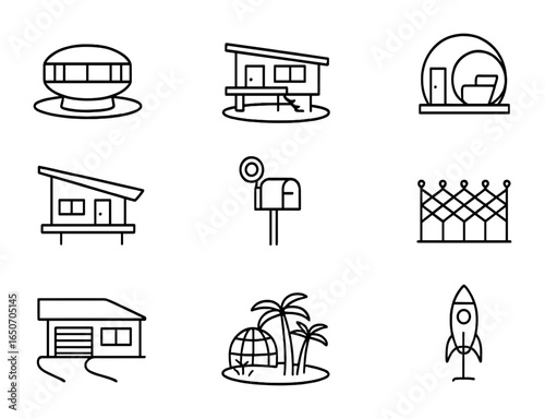 Mid-Century Sci-Fi Icons. Outline icon set of mid-century sci-fi suburbs: round houses, floating porches,
