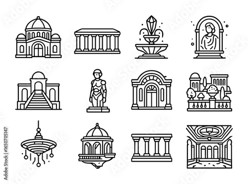 Renaissance Futurism Icon Set. Outline icon set of renaissance futurism palaces: domed halls, columned wings,