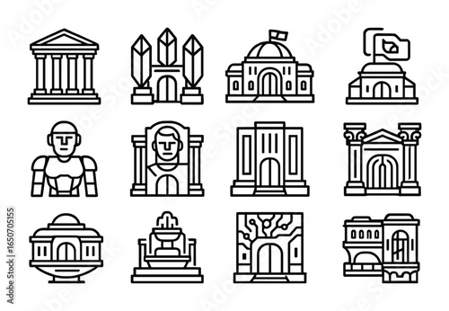 Sci-Fi Embassy Icons. Outline icon set of imperial sci-fi embassies: columned entrances, crystal banners,