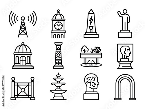 Retro-Tech Monument Icons. Outline icon set of retro-tech civic monuments: radio towers, clock domes, neon