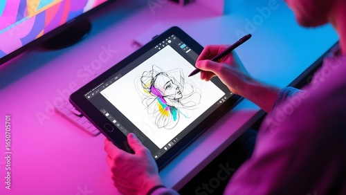Artist drawing a colorful sketch on a digital tablet under vibrant neon lighting