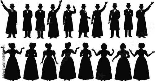 Art & IllustrationVictorian man and woman silhouettes in vintage fashion, historical clothing, classic poses perfect for period design, costume
