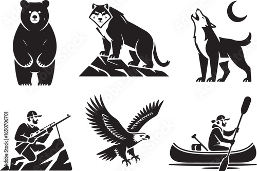 Wild animals, hunter, and canoeist symbols in bold style