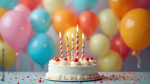 Festive Birthday Cake with Lit Candles and Colorful Balloons