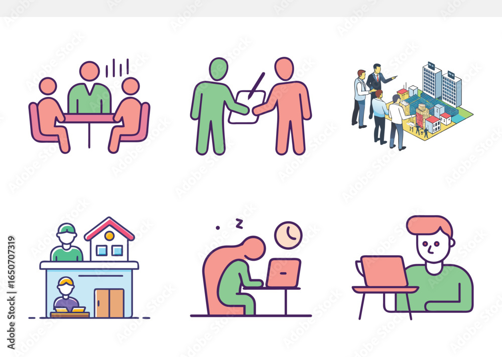Obraz premium Business Meeting, Real Estate, and Work Icon Set