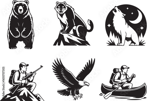 Wilderness adventures featuring bears, wolves, hunters, and eagles