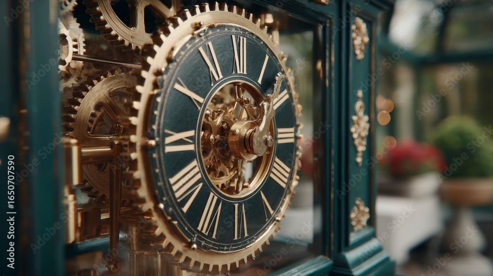 Fototapeta premium Detailed View of Heritage Clocktower Mechanism with Gold Gears