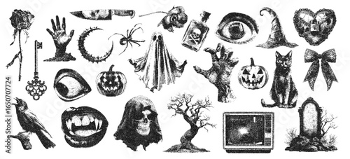 A collection of hand-drawn vintage Halloween illustrations. Spooky gothic icons and symbols in a detailed sketch engraving style.