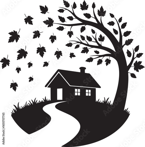Silhouette of a cabin on a hill with falling autumn leaves, cozy seasonal landscape illustration, rustic nature scene design