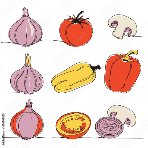 A collection of fresh vegetables including garlic, tomato, and bell pepper drawn in a continuous single line art style, isolated on a white background