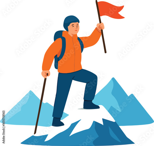 Mountain climber raising a flag at the summit Illustration