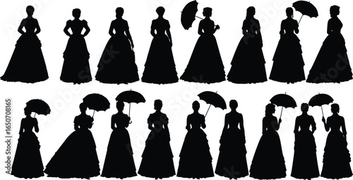 Art & IllustrationVictorian woman silhouette collection with umbrella and gown