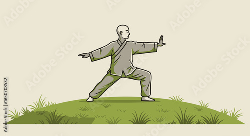 Man in a traditional grey outfit performing a Tai Chi Chuan form, a classic guarding posture for balance, wellness, and mindful meditation outdoors
