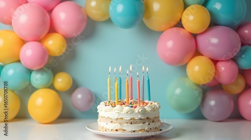 Birthday Cake with Colorful Candles and Balloons on Pastel Background
