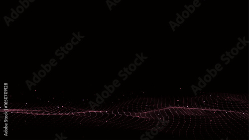 Dark cyberspace in digital background. Abstract vector technology red wave with motion glowing dots and lines. Connection big data. Futuristic wireframe texture. Analysis network connection.