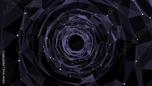 Futuristic vector sci-fi circle portal in space. 3D purple ai tunnel with dots and lines. Abstract digital wormhole data. Flow particle by funnel. Fantasy circle vortex on dark background.