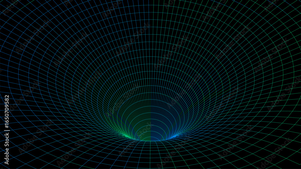 Fototapeta premium Futuristic vector sci-fi circle portal in space. 3D colors ai tunnel with dots and lines. Abstract digital wormhole data. Flow particle by funnel. Fantasy circle vortex on dark background.