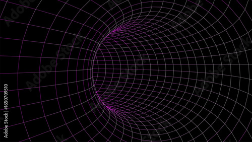 Futuristic vector sci-fi circle portal in space. 3D colors ai tunnel with dots and lines. Abstract digital wormhole data. Flow particle by funnel. Fantasy circle vortex on dark background.