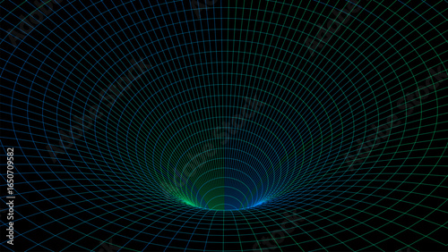 Futuristic vector sci-fi circle portal in space. 3D colors ai tunnel with dots and lines. Abstract digital wormhole data. Flow particle by funnel. Fantasy circle vortex on dark background.