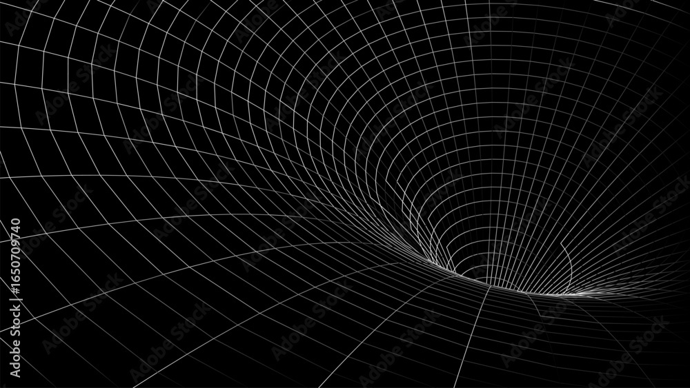 Obraz premium Futuristic vector sci-fi circle portal in space. 3D black ai tunnel with dots and lines. Abstract digital wormhole data. Flow particle by funnel. Fantasy circle vortex on dark background.