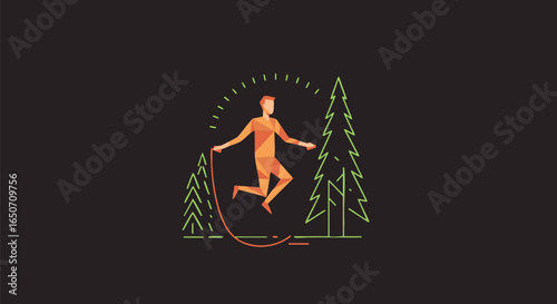 Minimalist monoline illustration of an athlete jumping rope in a forest, a vector icon for outdoor fitness and healthy lifestyle
