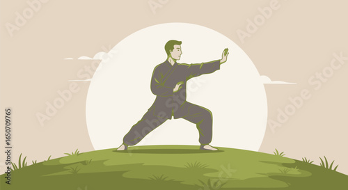 Mindful practice on a serene hill An illustration depicting an individual performing slow, flowing movements, embodying balance, peace, and wellness under a tranquil sky