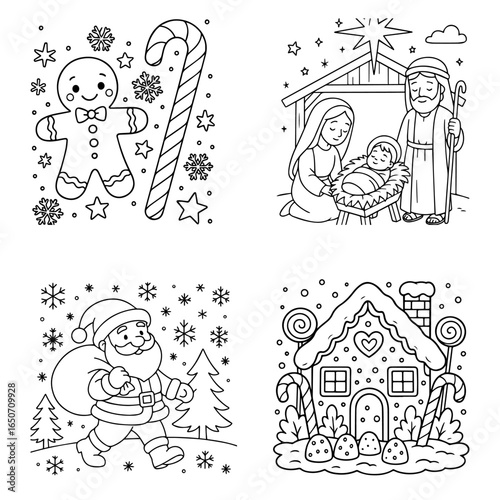 Coloring page with gingerbread house, spanta claus, gingerbread man and christmas scene, lollipops, gumdrops, candy canes, snowy roof, fancy christmas design, black and white outline drawing