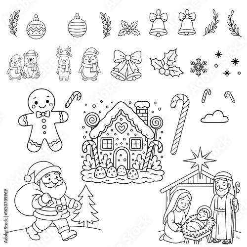 Coloring page with gingerbread house, spanta claus, gingerbread man and christmas scene, lollipops, gumdrops, candy canes, snowy roof, fancy christmas design, black and white outline drawing