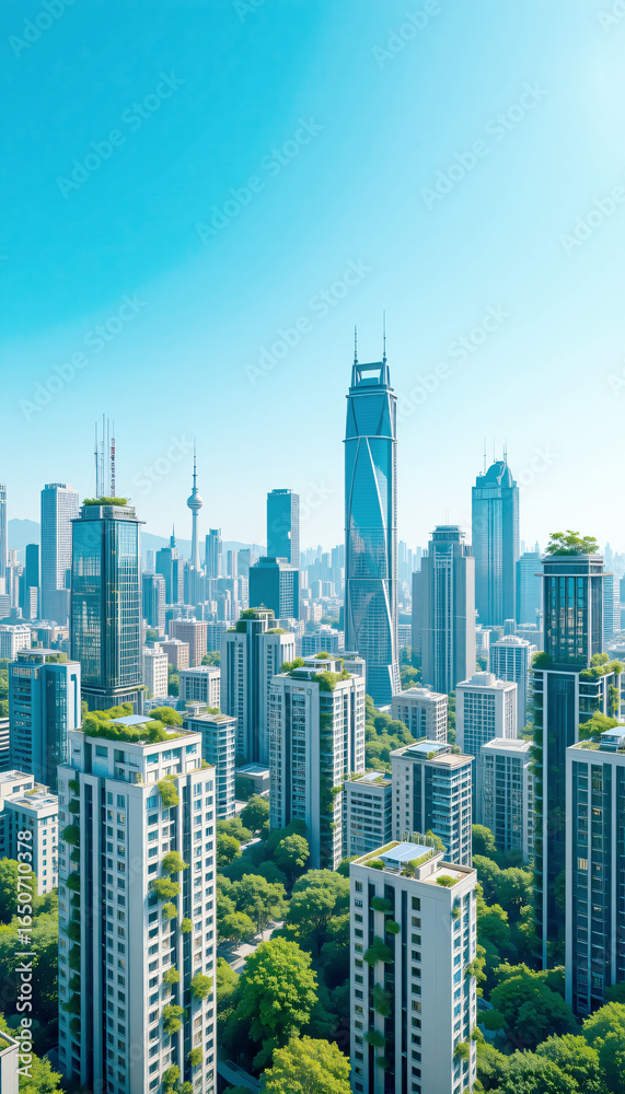 Fototapeta premium Green Energy City Skyline with Solar Roofs Vertical 9:16 Composition