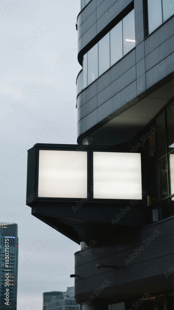 Obraz premium Modern Building with Illuminated Balcony Against Urban Skyline