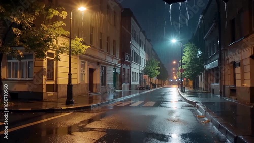 Rainy Night in a European City Street with Glowing Streetlights and Wet Pavement