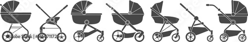 Baby stroller silhouettes collection, pram set on transparent background