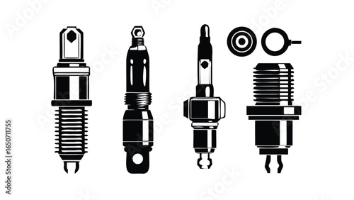 A close-up of various electrical plugs, bulbs, and a spark plug, all isolated against a white background, highlighting different parts of electrical and lighting equipment