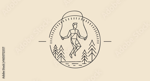Athletic person jumping rope in a forest with trees, minimal line art illustration for fitness and wellness