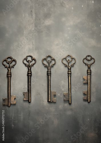 Row of vintage keys on textured surface, antique object collection.