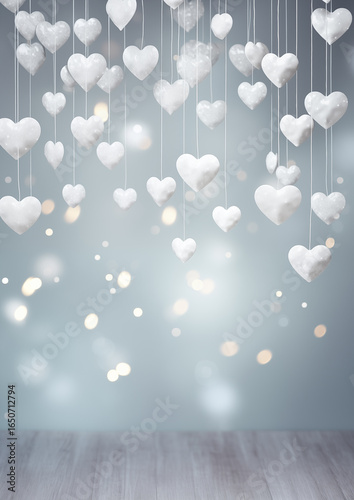 Glowing white heart bokeh on dark blurred background, romantic light design.