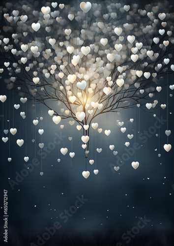 Glowing white heart bokeh on dark blurred background, romantic light design.