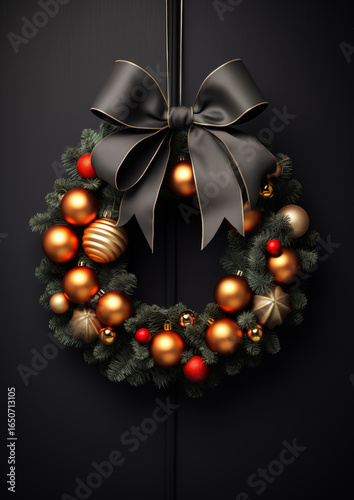 Elegant Christmas wreath with ornaments and ribbons, festive holiday decoration.
