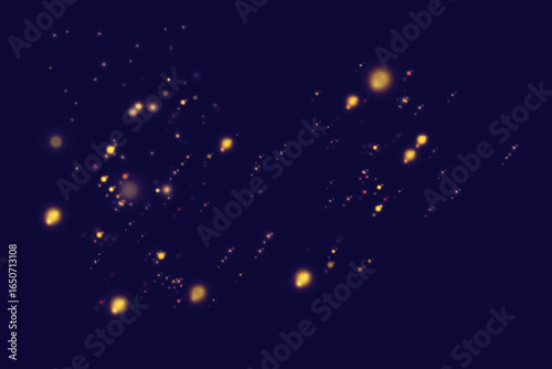 Magical golden cloud of glitter dust. Fine, shiny bokeh glitter particles and fine bright dust. Christmas golden glow effect on transparent PNG background.