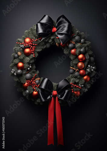 Elegant Christmas wreath with ornaments and ribbons, festive holiday decoration.
